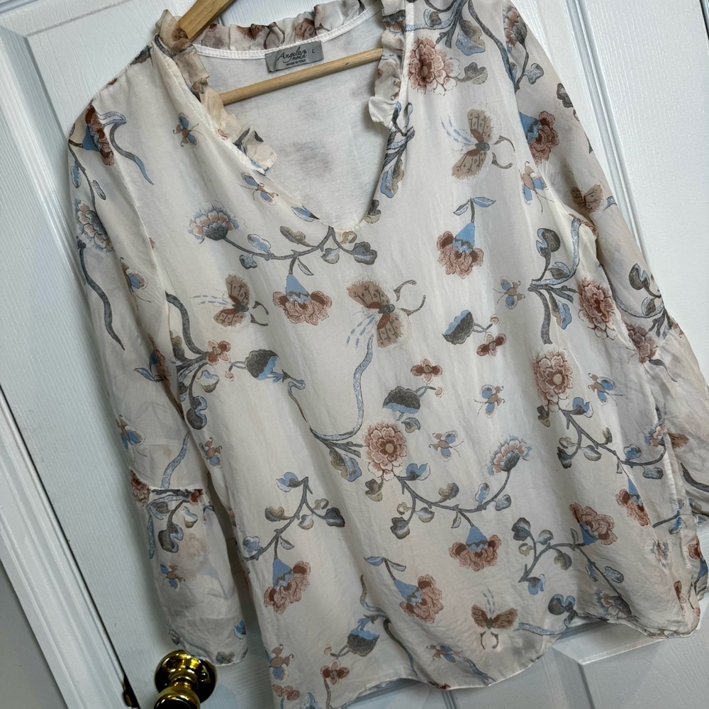 Angela Moda 100% Silk Floral Butterfly Blouse Made in Italy Size Large